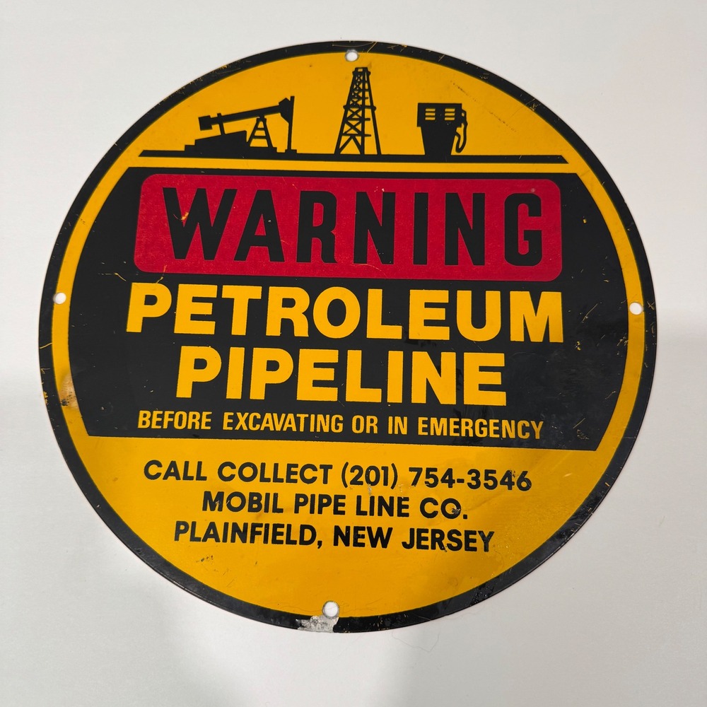 Mobil Petroleum Pipeline Sign Vintage 12" Yellow Warning Oil Gas Metal Decor